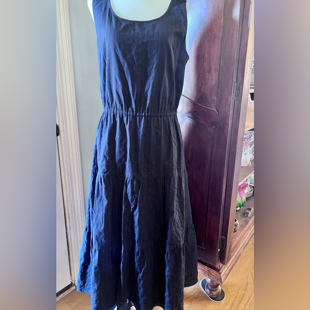 Talbots Navy Blue Textured Cotton Midi Dress Size 8 Sleeveless Summer Staple